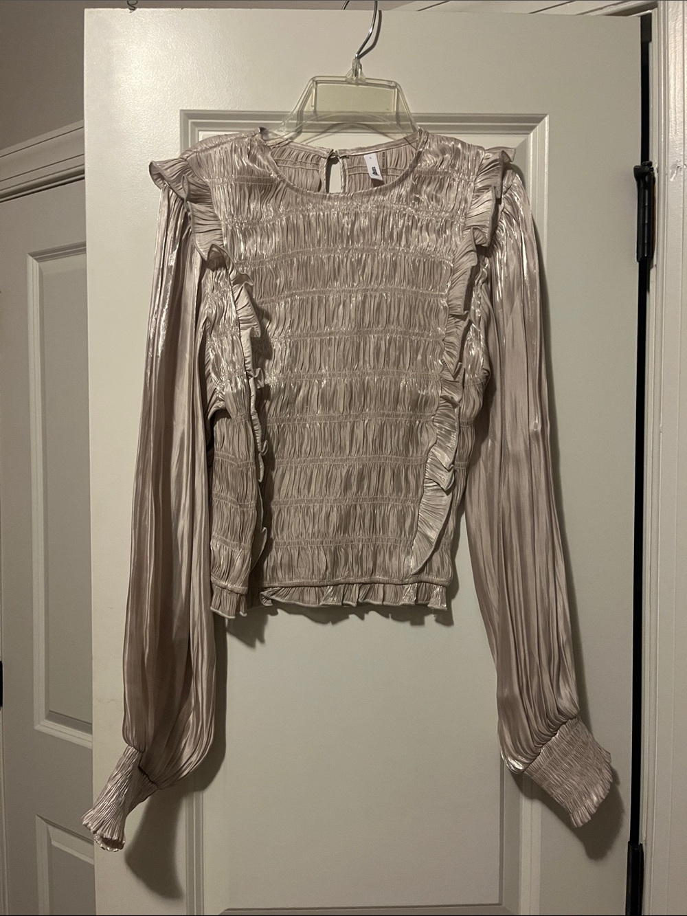 glam boutique Pale Taupe Shimmer Ruffled Smocked Long-Sleeve Blouse